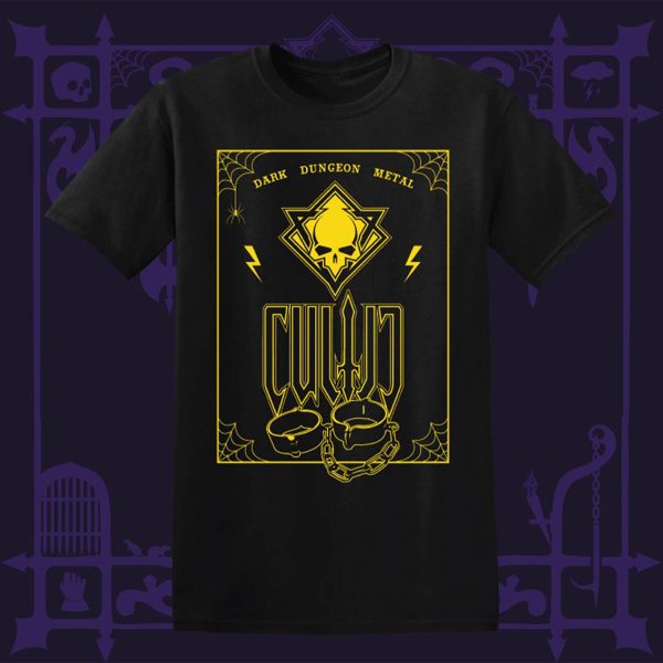 Cultic Dark Dungeon Metal T-Shirt - Yellow Logo with Shackles