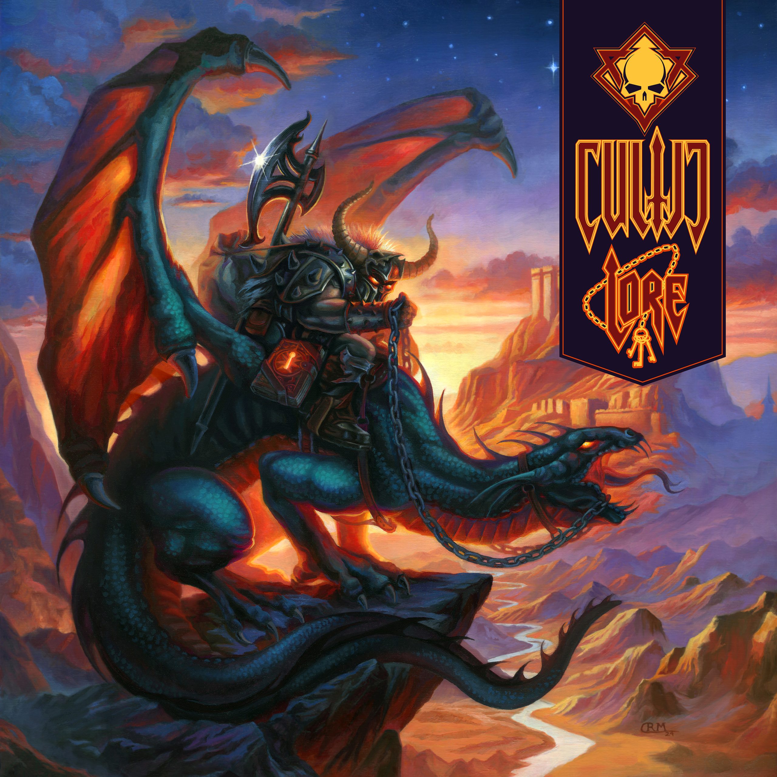 Cultic Lore Album Cover - Painting of an Evil Warrior Riding a Dragon with a Desert Fortress in Background